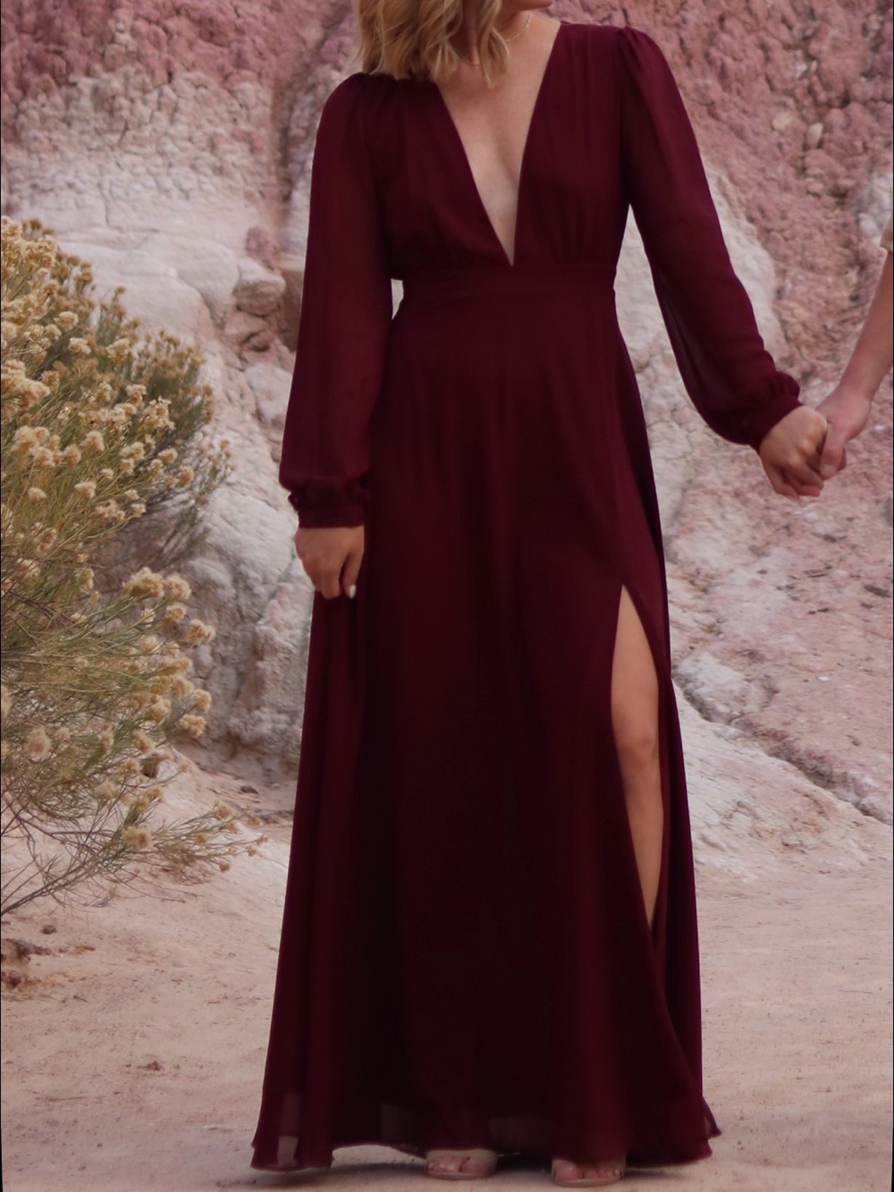 Lulu's Burgundy Long Sleeve Plunging V-Neck Maxi Dress